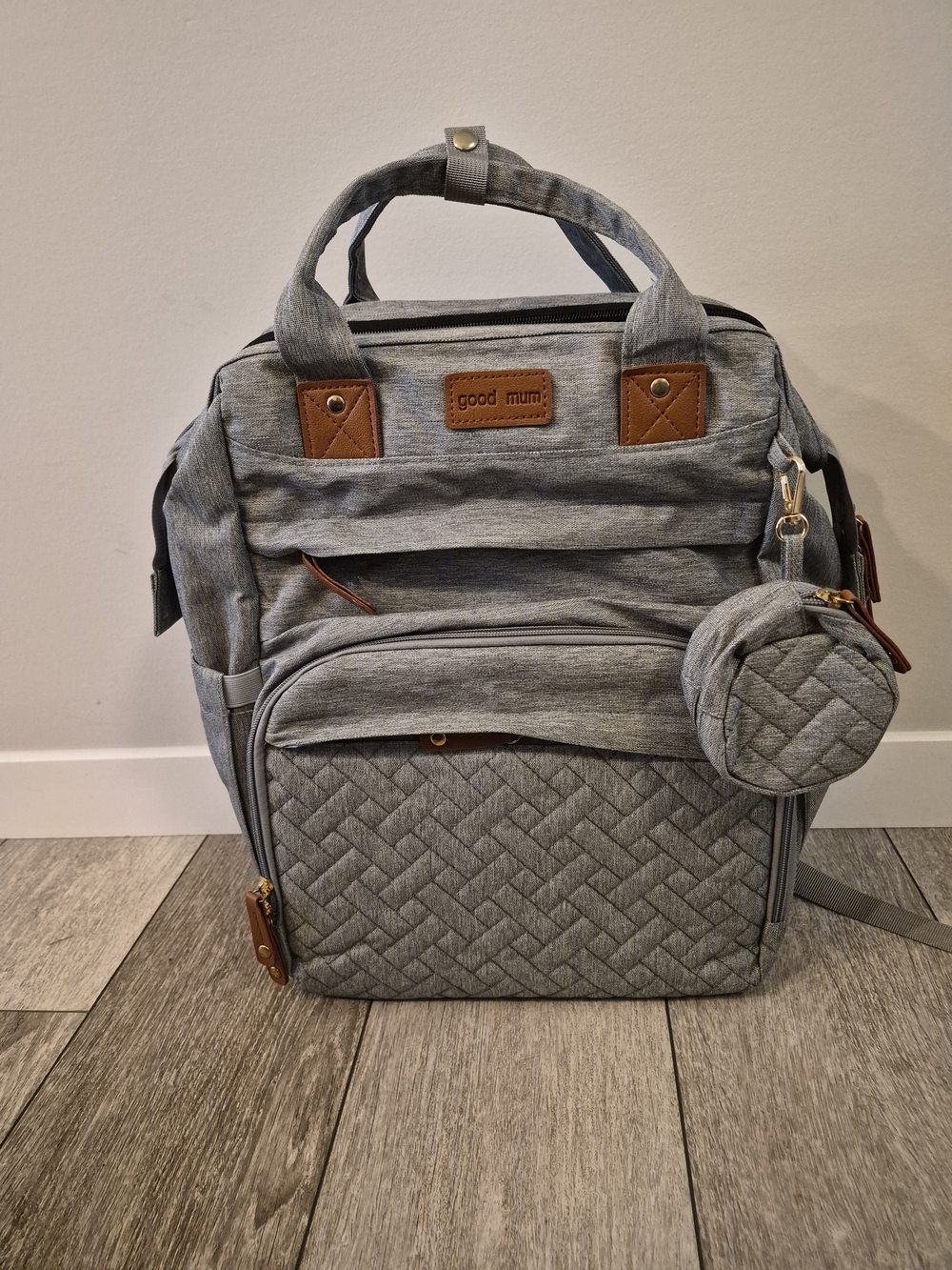 Gray Quilted Baby Diaper Backpack with Pouch